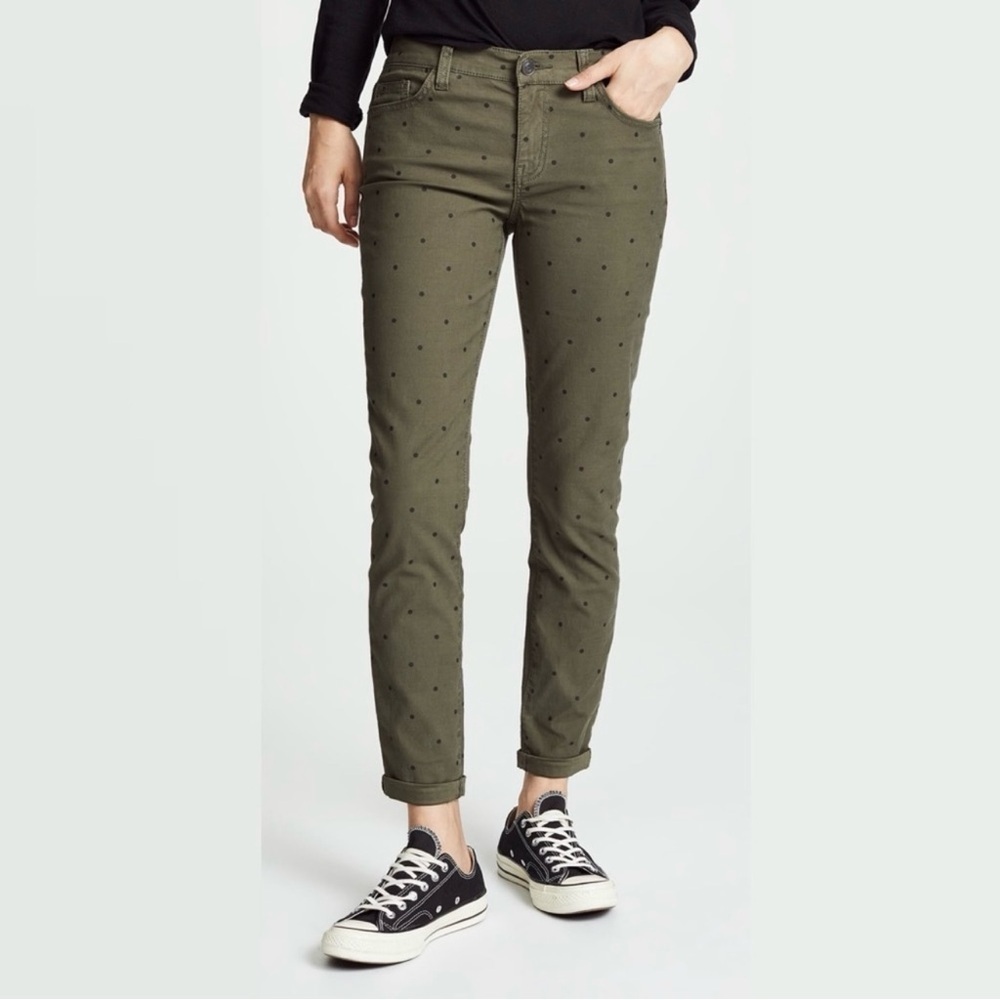 Current/Elliott The Easy Stiletto Rolled Hem Rural Green Polka Dot Jeans Size 23